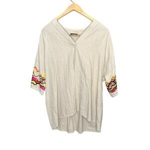 Natori Lagenlook Linen Blend Embroidered Sleeve Top M